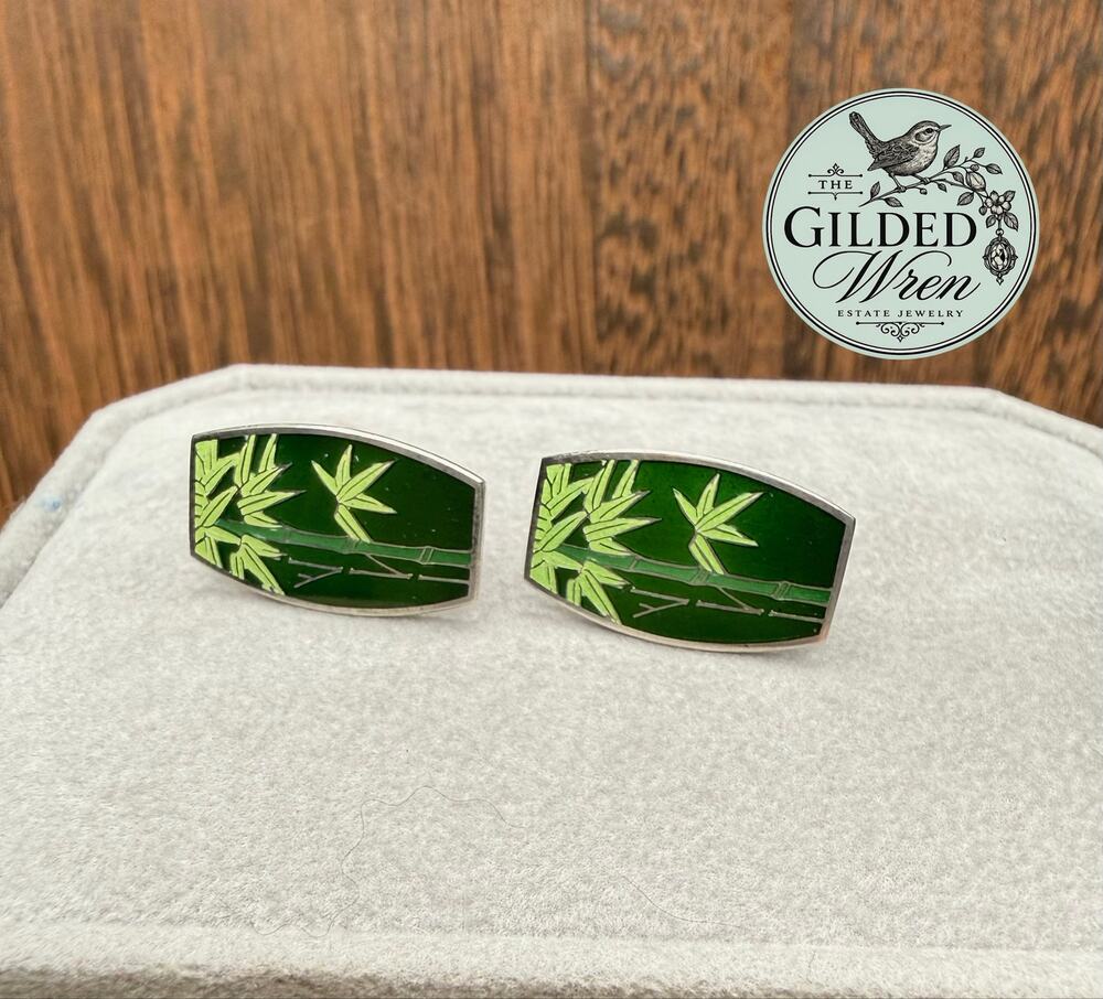 1930s Sterling Silver Enamel Bamboo Screw Back Earrings Japanese Inspired